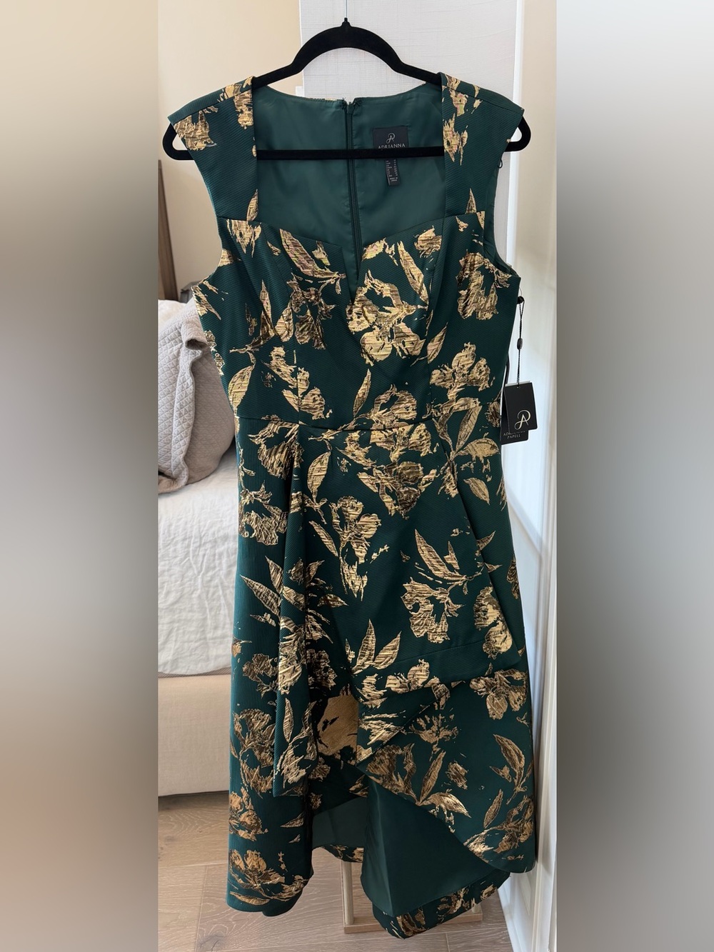 NWT Adrianna Papell Metallic Hunter Green & Gold Floral Jacquard Dress Size 10